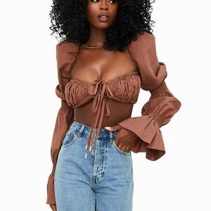 House of CB Molly Shirred Top XS Chocolate Puff Sleeve Romantic Cottagecore Sexy